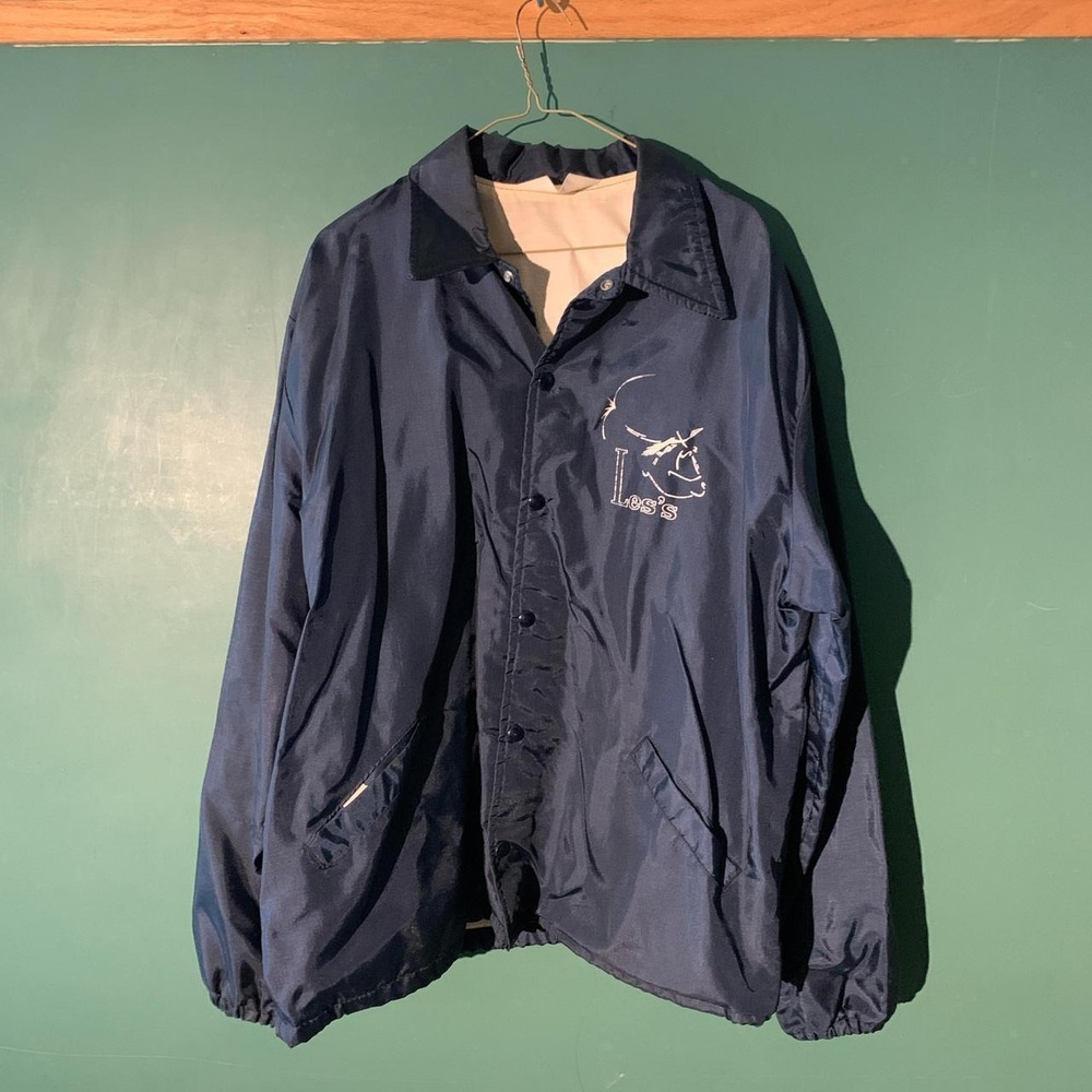 Vintage 80s Les's Tavern Windbreaker Jacket Navy Blue White Mens Large Retro